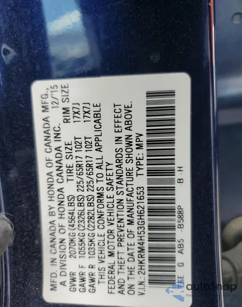 2016 Honda Cr-V Ex z USA, uszkodzony, nr VIN 2HKRM4H53GH621653